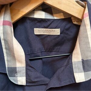 Burberry Navy Shirt with Plaid Trim